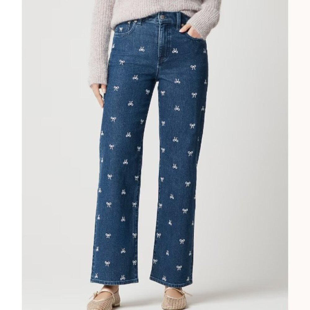 J. Crew Jeans 28 Blue Bow-Embroidered Slim Wide-Leg Jean in All-day Stretch